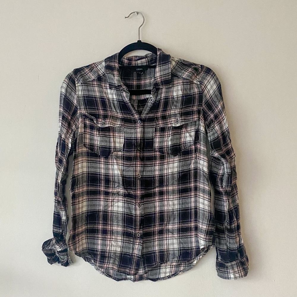 Paige plaid button down shirt, black/pink/white, size XS